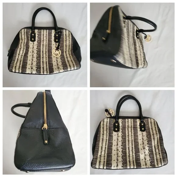 Michael Michael Kors SELMA Black/White Snake Print Leather Tote Bucket Handbag - Picture 8 of 15